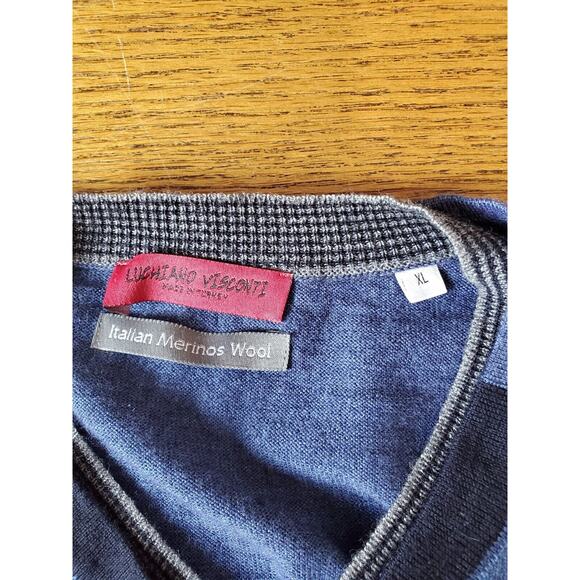 Luchiano Visconti Men XL Sweater Navy Blue Italian Merino Wool V-Neck Pullover - Picture 5 of 10